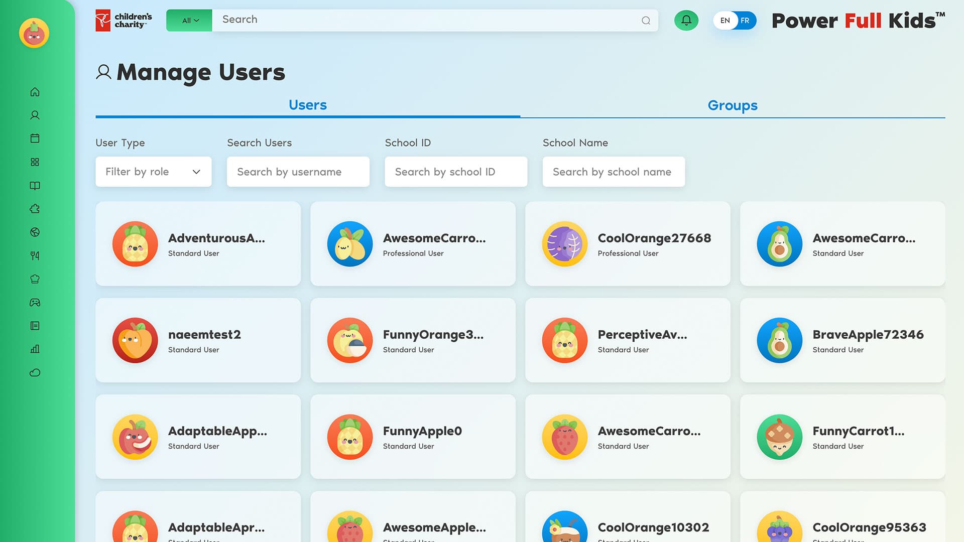 Power Full Kids account management screen